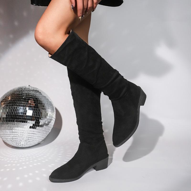 Retro Women Mid Calf Boots Retro Low Heels Solid Color Women Shoes Pointed Toe Rome Females Knight Boots Botas De Mujer