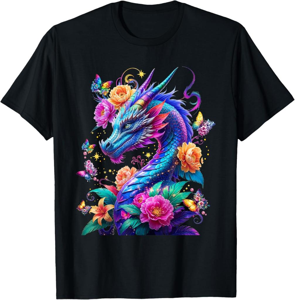 Watercolor Dragon Flowers Beautiful Art Colorful Graphic TShirt