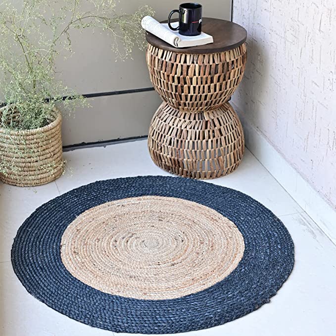 Круглый джутовый коврик ручной работы - Натуральная пряжа - Деревенский винтажный бежевый плетеный двусторонний коврик - Экологичные коврики для спальни, кухни, гостиной,