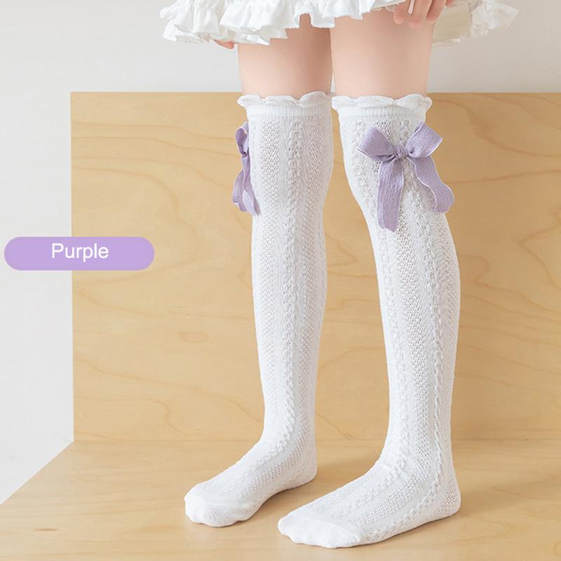 Girls White Bow Knee High Socks Mesh Ruffle Over The Calf Tube Hosiery Fashionable Long Tall Socks For Kids Child