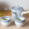 This lightweight teapot features a sleek white base with blue Its diameter is its capacity is and its comfortable handle makes it easy to It also