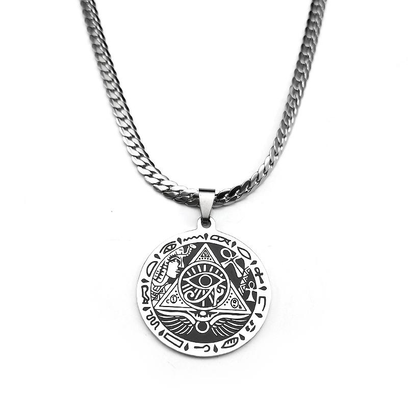 Egyptian Eye of Horus Anka Cross Amulet Medal Pendant Necklace for Women Men Stainless Steel Egyptian Culture Chain Jewelry