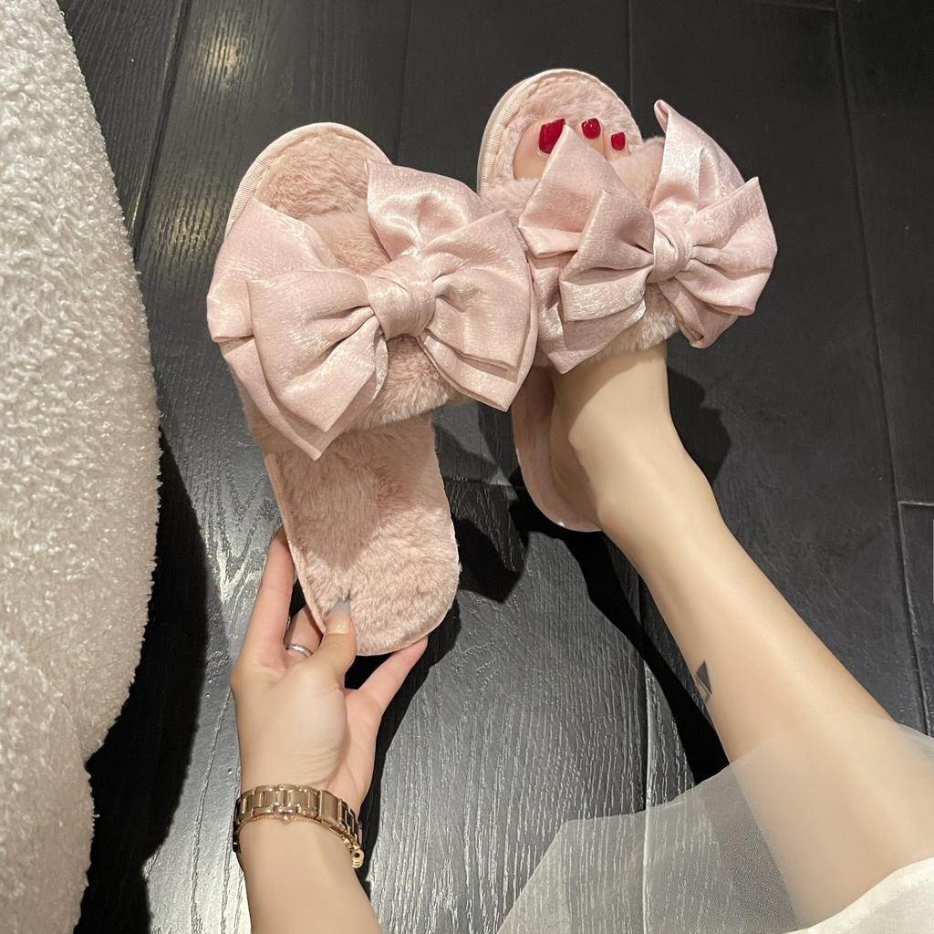 Fashion 2024 Winter New Women's Home Solid Color Bow Decorated Fluffy Furry Cotton Slippers