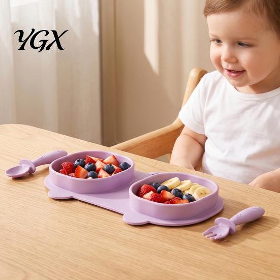 Toddler Silicone Divided Plates Baby Foldable Dinner with Fork And Spoon, Portable Kids Dinnerware Travel Feeding Essentials, Suction Set Dish for