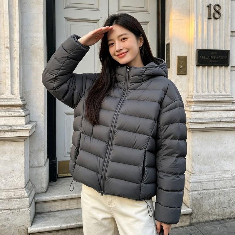 Womens Short Puffer Jacket With Hood Duck Down Fill Loose Fit Warm Winter Coat Daily Commute