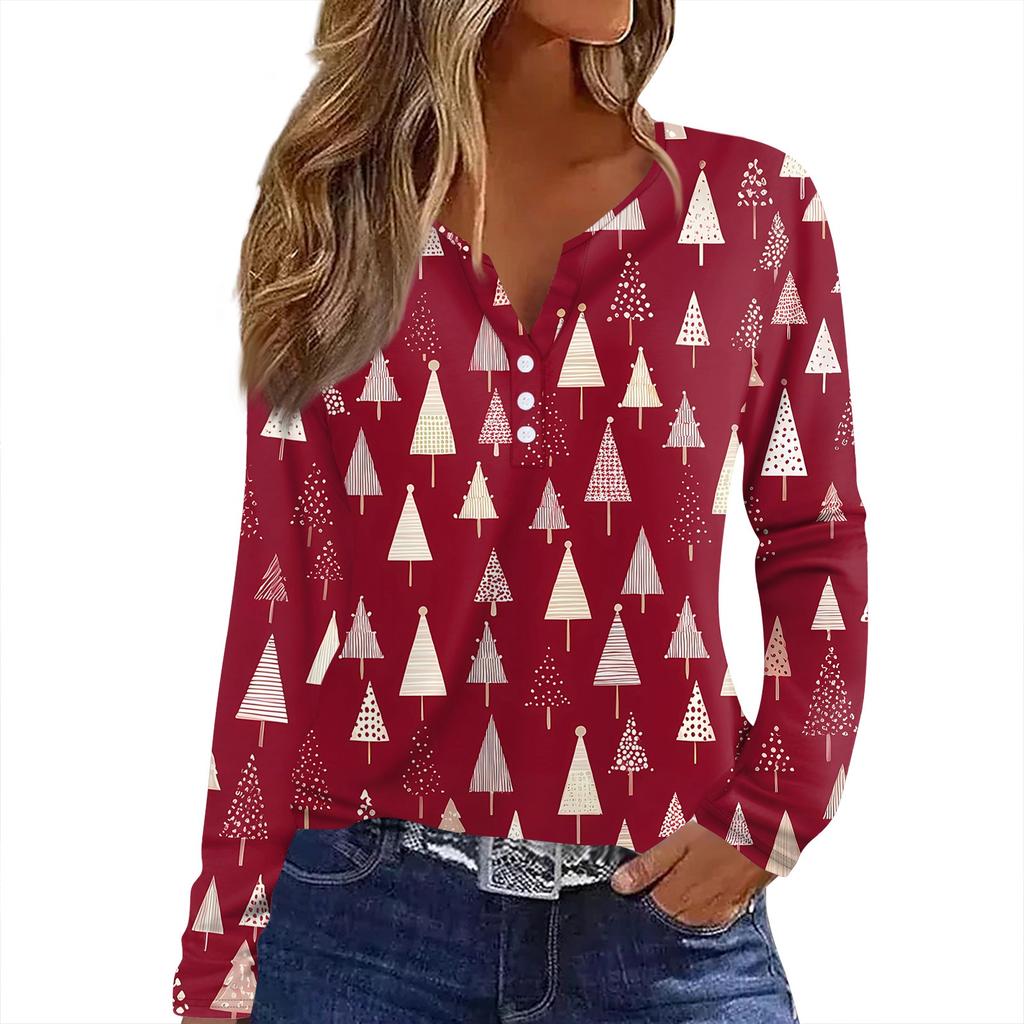 Женская футболка с рождественским принтом на пуговицах с длинным рукавом, повседневная, выходного дня, модная, базовая, с V-образным вырезом, обычная