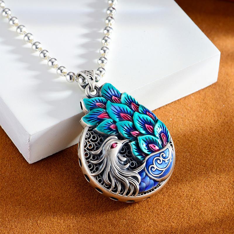 Peacock Retro Double Sided Enamel Pendant Pendant Female Long Necklace Pendant