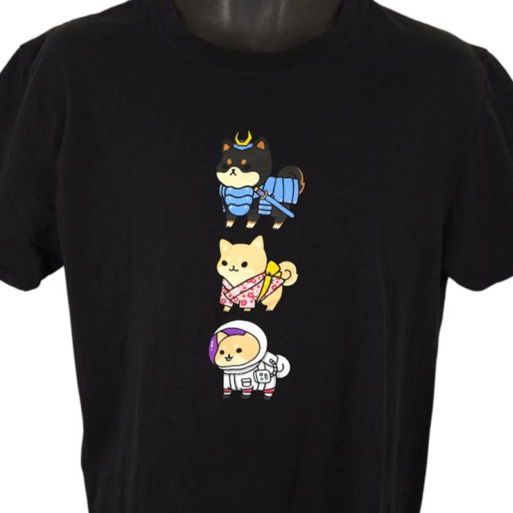 Kawaii Shiba Inues 100% Cotton T-shirt Mens Tees Top Mens Size Large Black Cute Pikarar Art Tee