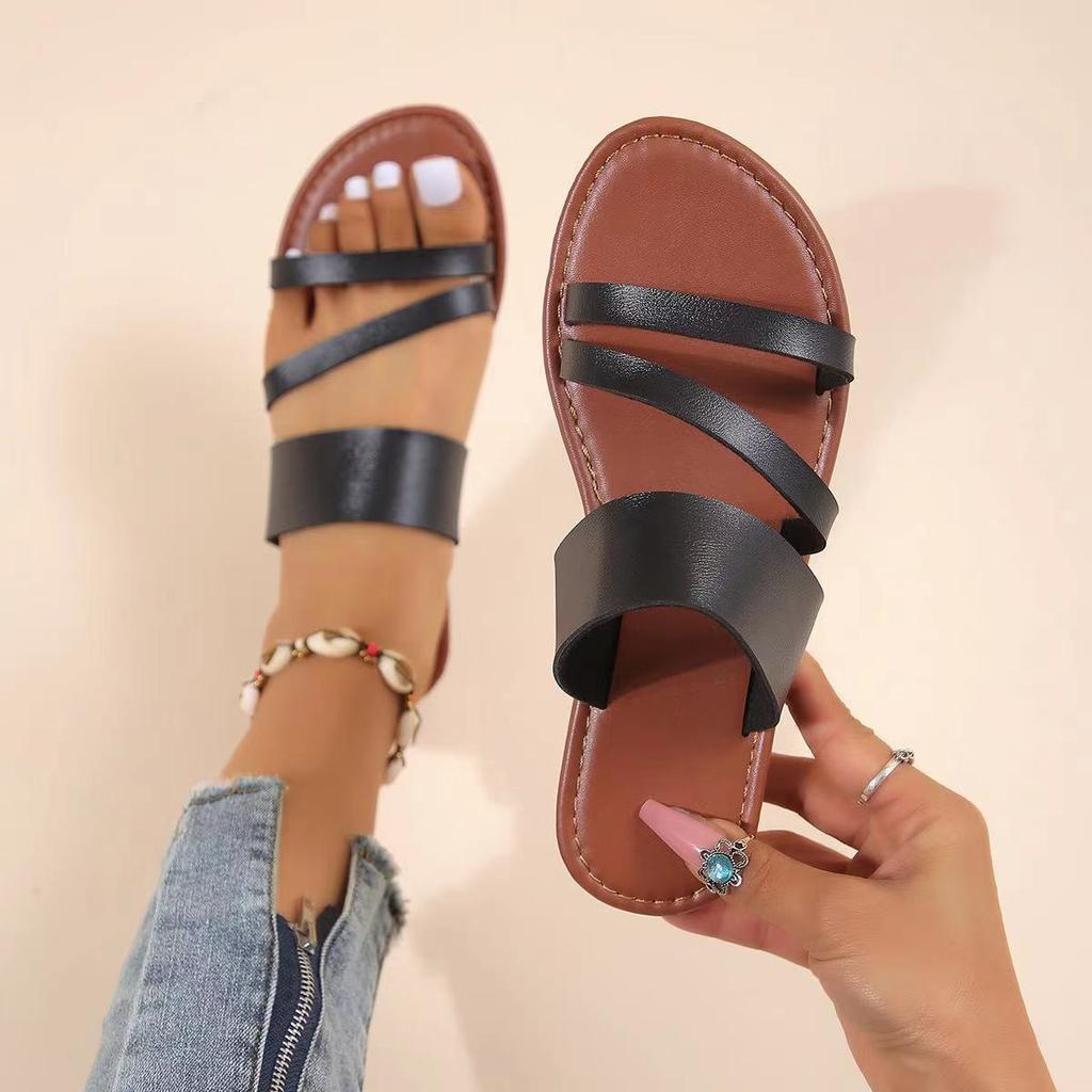 2024 spring and summer new foreign trade large size sandals flat beach shoes outside casual one-word drag European and American sandals