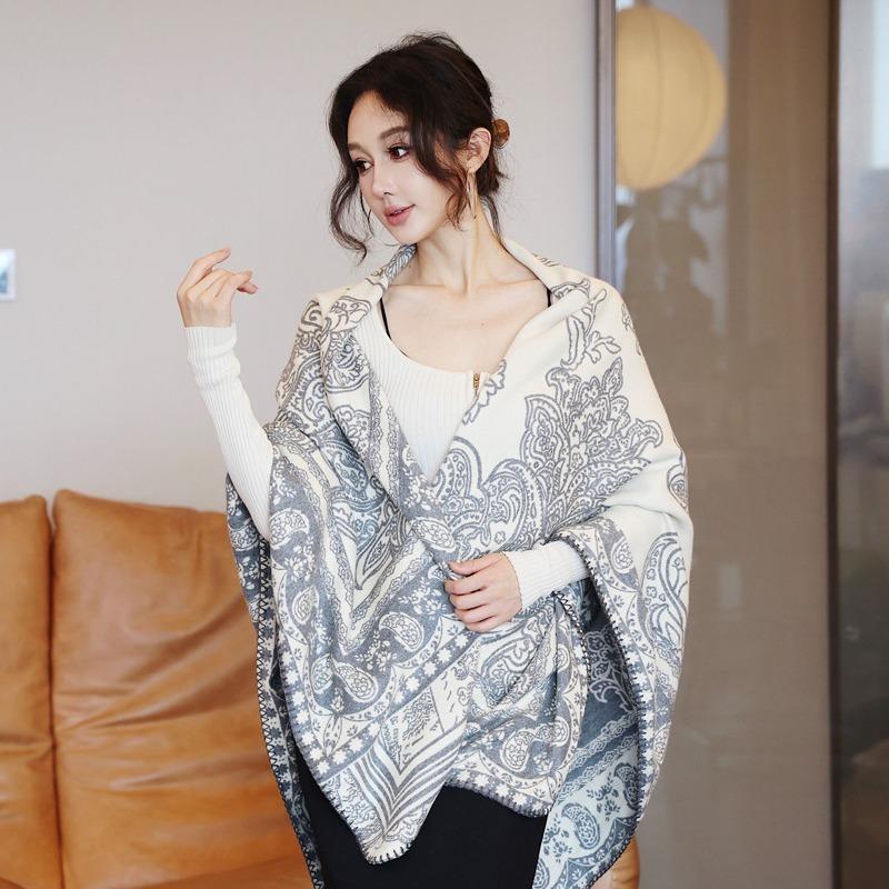 Autumn and Winter Wool Blended Jacquard Shawl New Cashew Flower Double-sided Imitation Cashmere Large Square Scarf Warm and Thickened Scarf