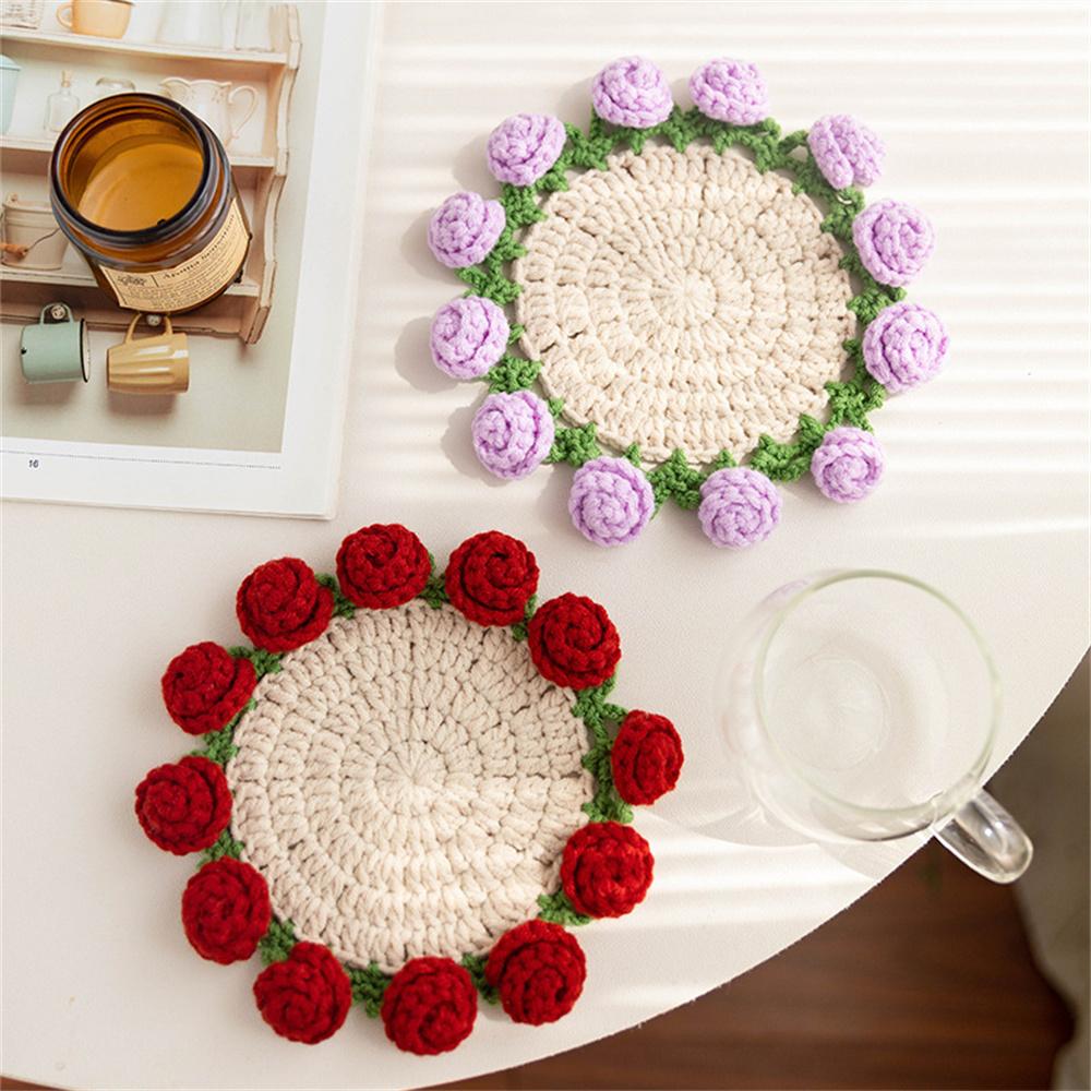 Подставка под букет роз, вязаный крючком цветок, подставка для столовых приборов, плетеный вручную букет, подставка для чашки, домашний рабочий стол, украшения для растений в горшках, подарок на День матери
