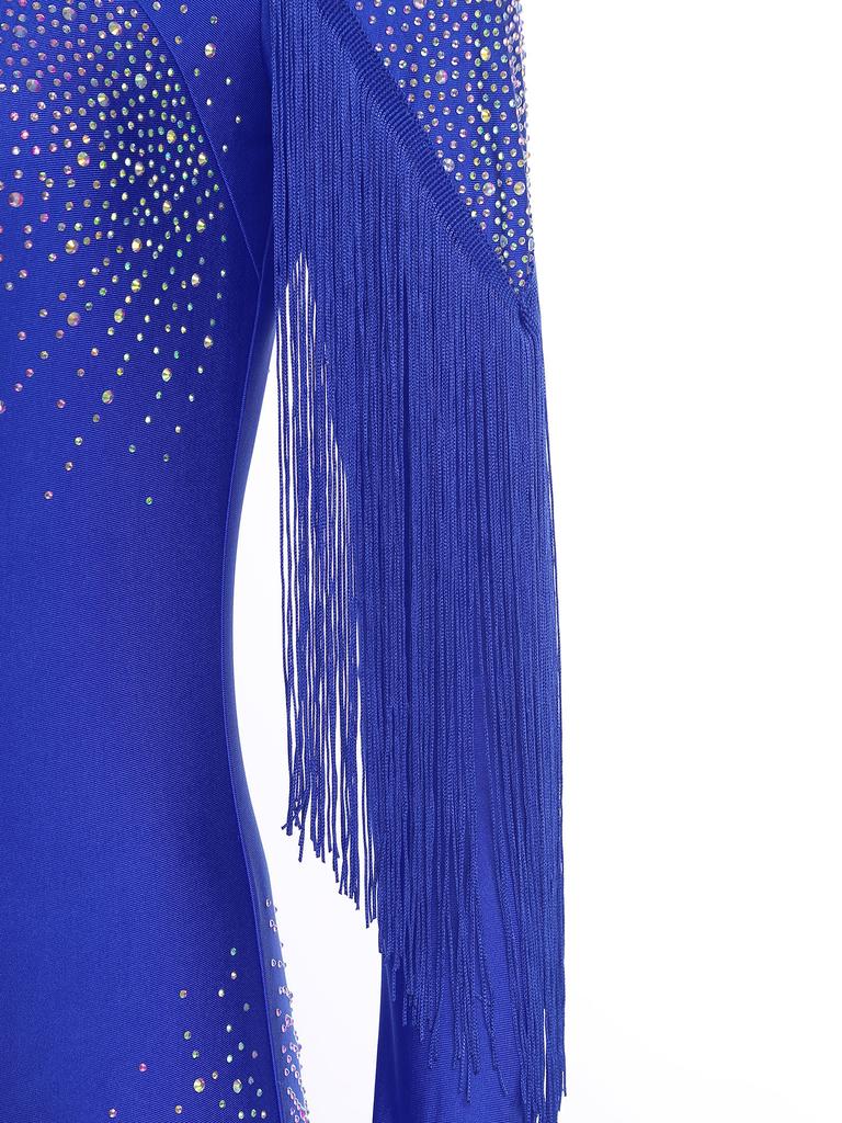 Womens Figure Skating Jumpsuit Glittery Rhinestone Long Sleeve Tassel Front Design Hollow Out Back One Piece Romper