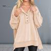 Женская толстовка с пуговицами, круглым вырезом, длинными рукавами, эластичными манжетами, свободная однотонная, неровный подол, пуловер, повседневный спортивный топ