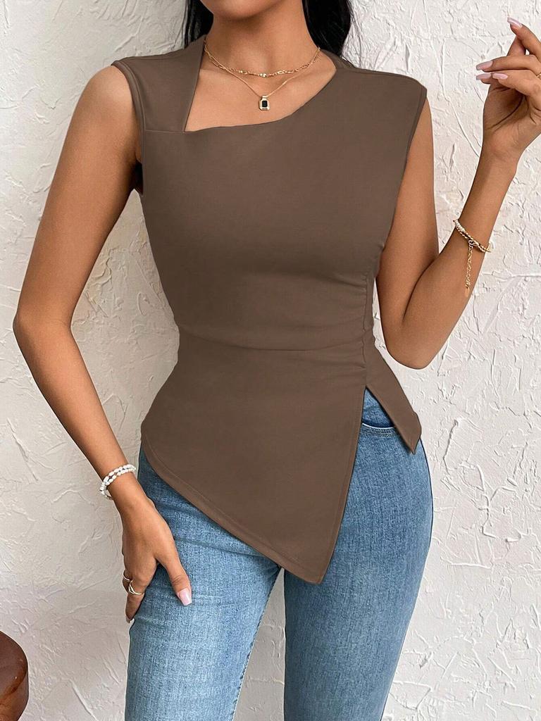 Women's clothing European and American elegant style T-shirt spring and summer new diagonal collar slim short solid color top