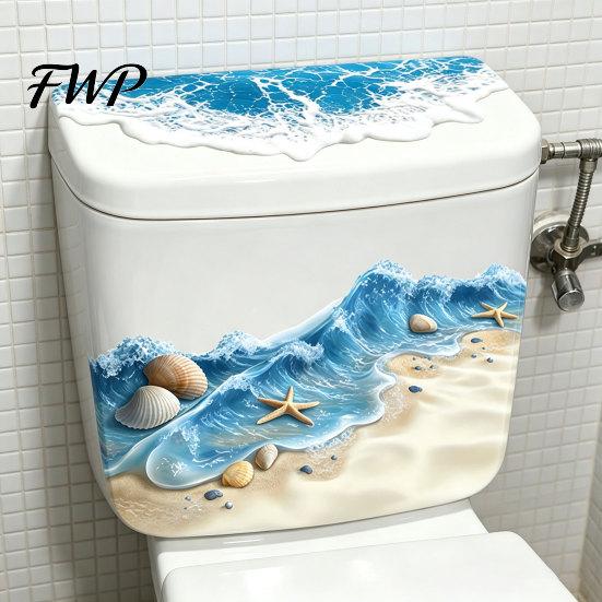 Toilet Decorative Sticker Ocean Beach Sticker, 3D Effect Wave Shell Starfish Removable Sand Self-Adhesive Waterproof PVC Wall Decal for Bathroom