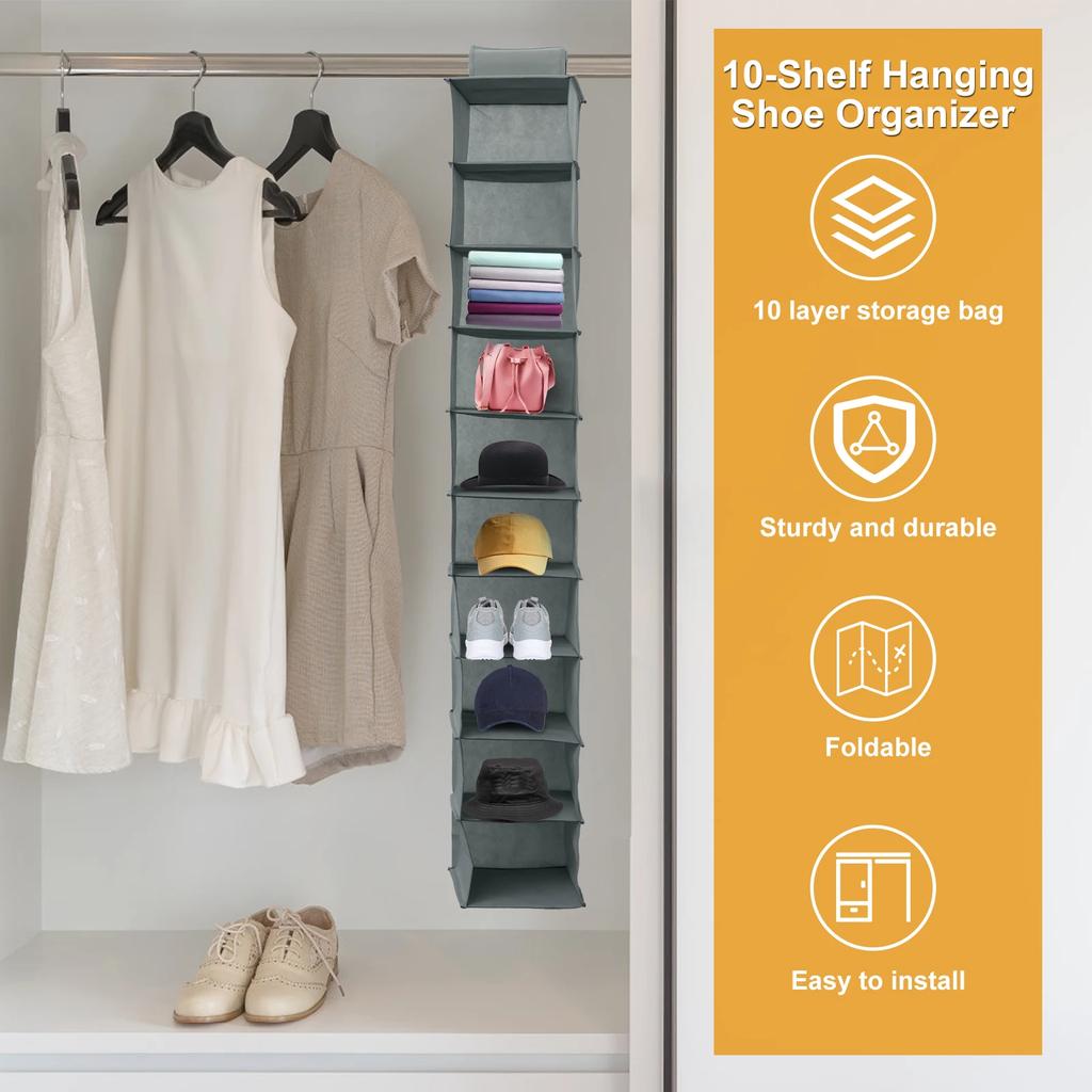 10-Shelf Hanging Shoe Organizer Non-Woven Fabric Hanging Shoe Shelves Multipurpose Foldable Shoes Container Rack Space-Saving