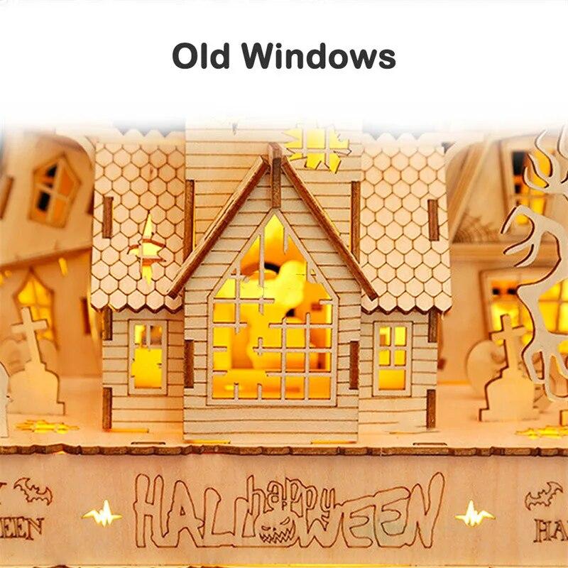 3D Halloween Haunted House Wooden Puzzle Ghost Tree House Light DIY Model Craft Kits Desk Decoration Toys Gift For Kids