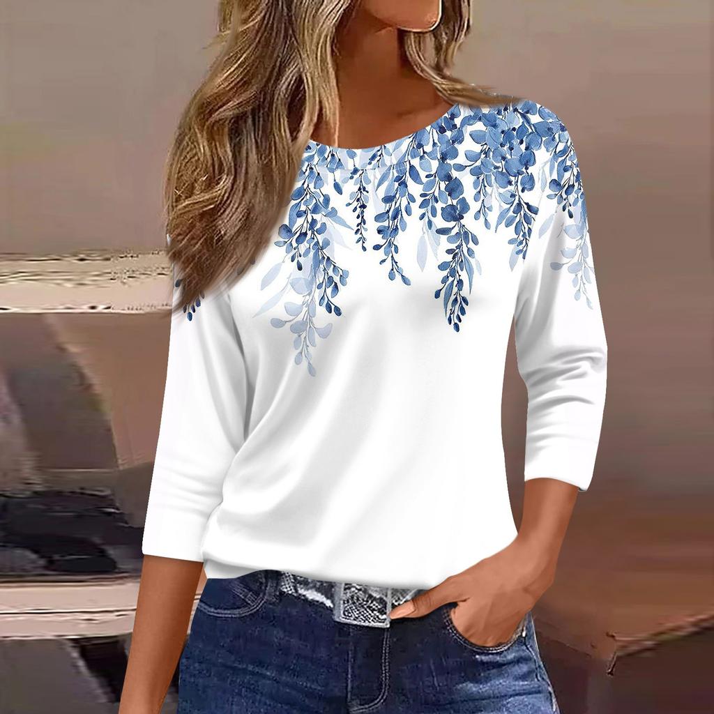 Women's Casual And Fashionable Floral Print Round Neck Top With Seven Quarter Sleeves And Loose Fit Top