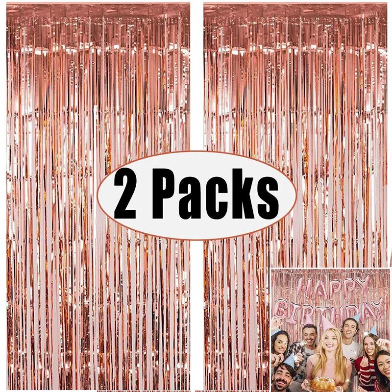 2Pack Metallic Foil Tinsel Fringe Curtain Backdrop Birthday Wedding Bachelorette Party Decoration Adult Anniversary Rose Pink 5