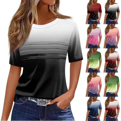 Женская плиссированная футболка с круглым вырезом и градиентным принтом, короткий рукав, топ с разрезом по низу