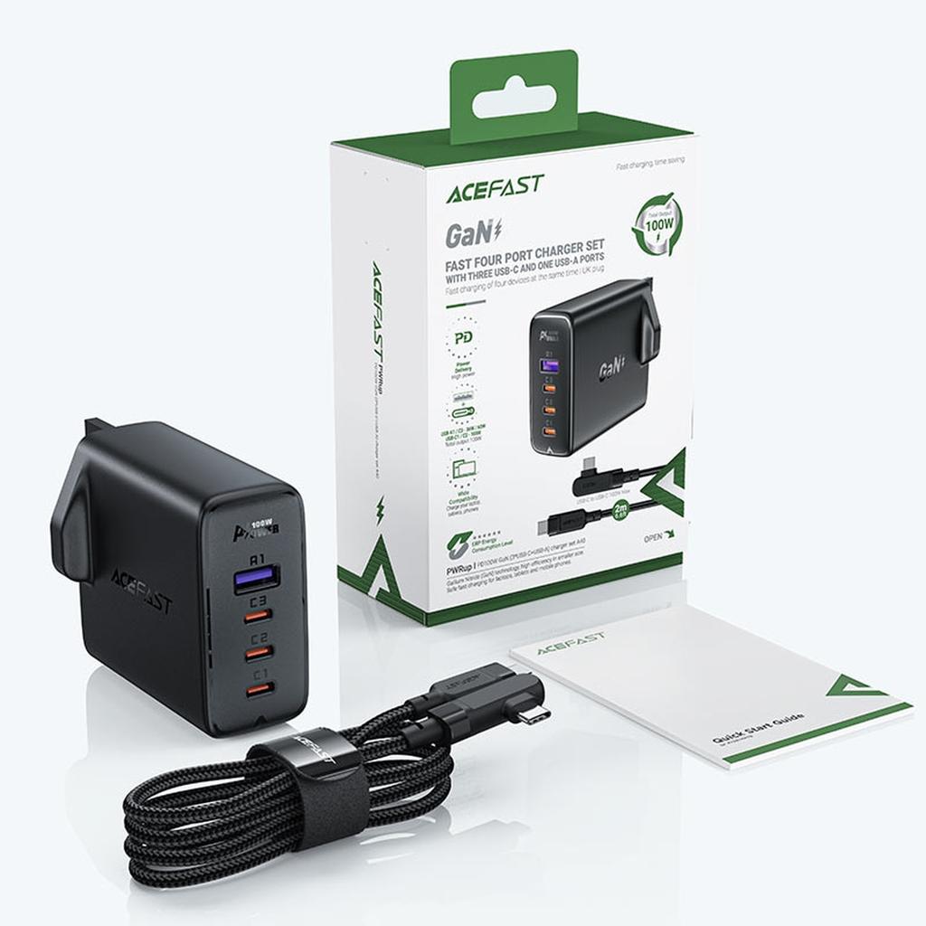 Acefast A40 100W GaN Fast Charger - 3x USB-C, 1x USB-A, UK Plug, Black