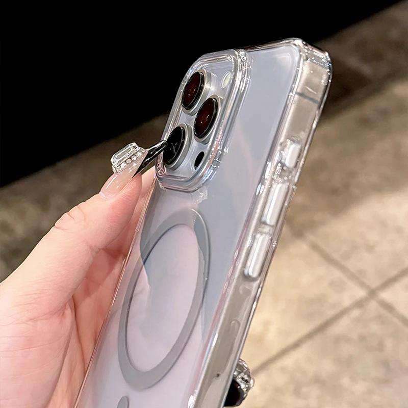 Для чехла Magsafe для телефона для iPhone 17 16 15 14 13 Pro Max Plus 16e 17 Air Металлические кнопки Прозрачная Твердая Поликарбонатная Крышка