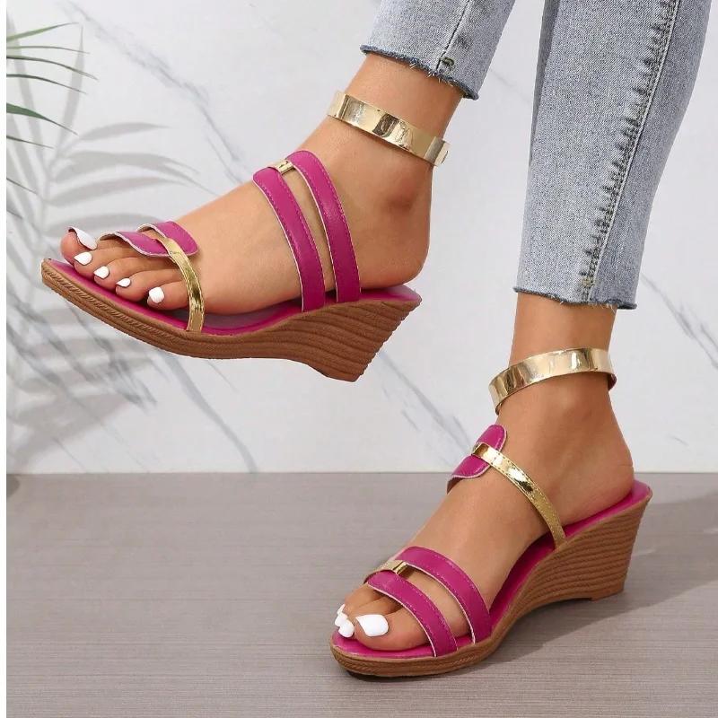Fashion Women's Sandals Open Toe Narrow Strap Designer Womens Shoes 2025 Summer Casual Leather Thick Sole Wedge Ladies Slippers