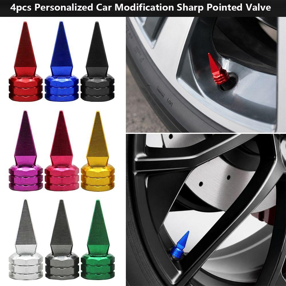 4pcs Universal Car Modification Sharp Pointed Valve Aluminium Alloy Modified Screw on Valve Cap