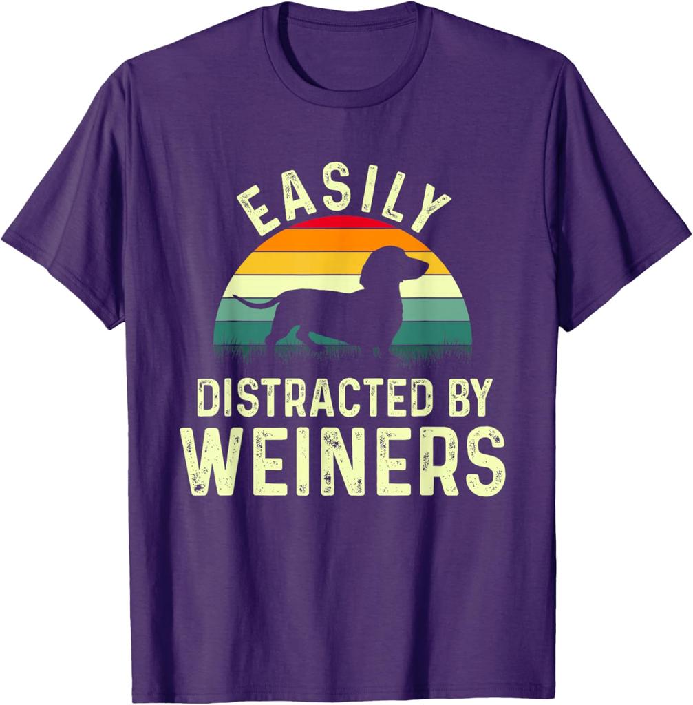 Easily Distracted By Weiners Dachshund Silhouette Unisexs Graphic TShirt Casual Cotton Tee