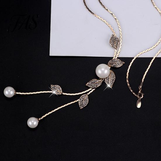 Necklace Faux Pearl Tassel Leaves Pendant Exquisite Beautiful Accessories Sweater Chain Jewelry Gift for Women