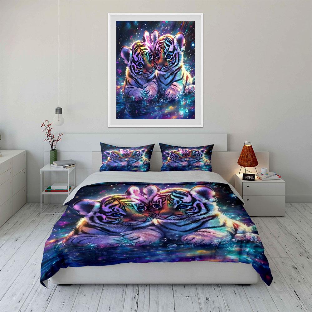 Colorful Tiger Cubs in Water Bedding Duvet Cover Set (1*Duvet Cover 2*Pillowcases, without duvet insert)