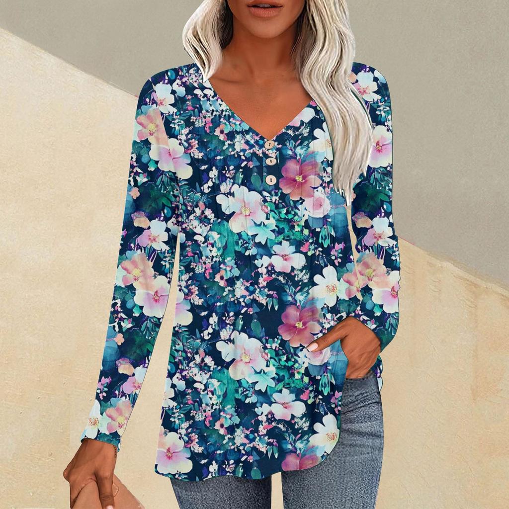 Женская модная повседневная плиссированная футболка с V-образным вырезом и растительным принтом, длинный рукав