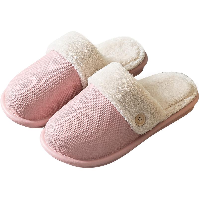 Female And Male Waterproof Cotton Slippers Female's Winter Warm Household Non-Slip Indoor Button Solid Color Plush Slipper