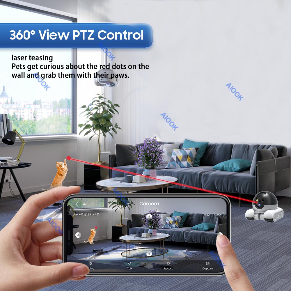 AIOOK Камера для домашних животных HD 8MP 4K Двойная камера WIFI Двусторонняя связь Удаленное отслеживание домашних животных Видеокамера Ночное видение