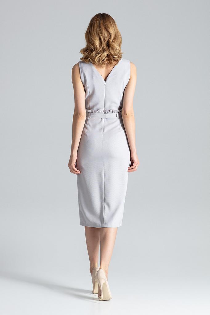 Gray elegant midi dress with belt and V-neck - M633 size