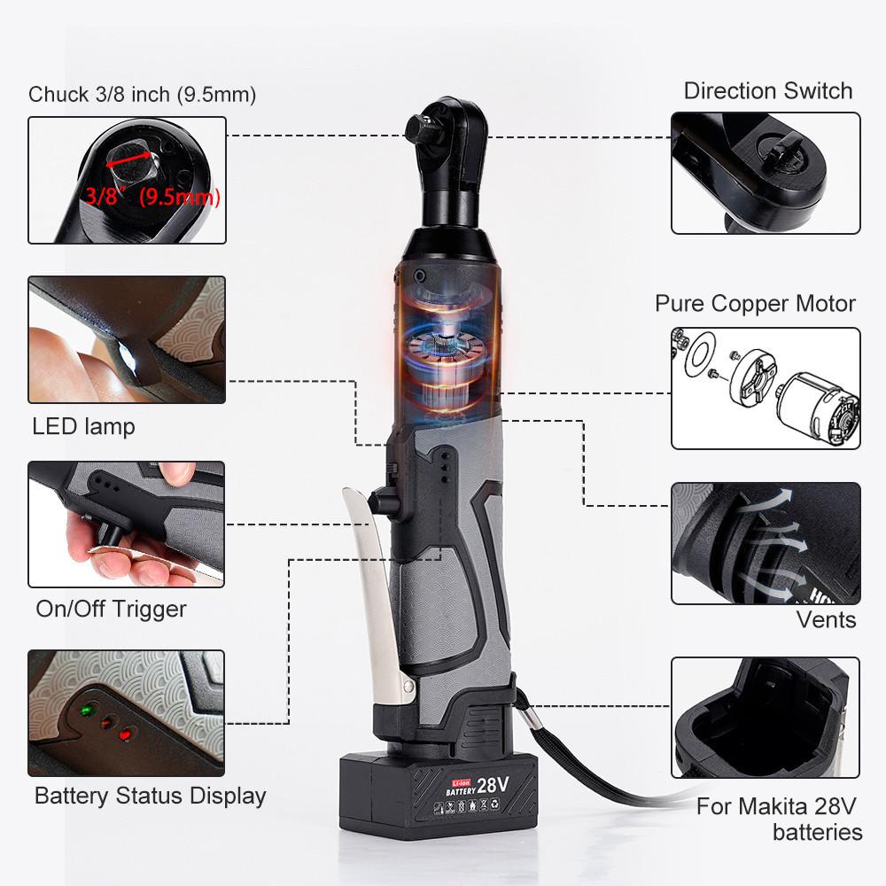 Cordless Electric Impact Wrench Screwdriver 3/8 Right Angle Electric Ratchet Wrench Portable Power Tool Set
