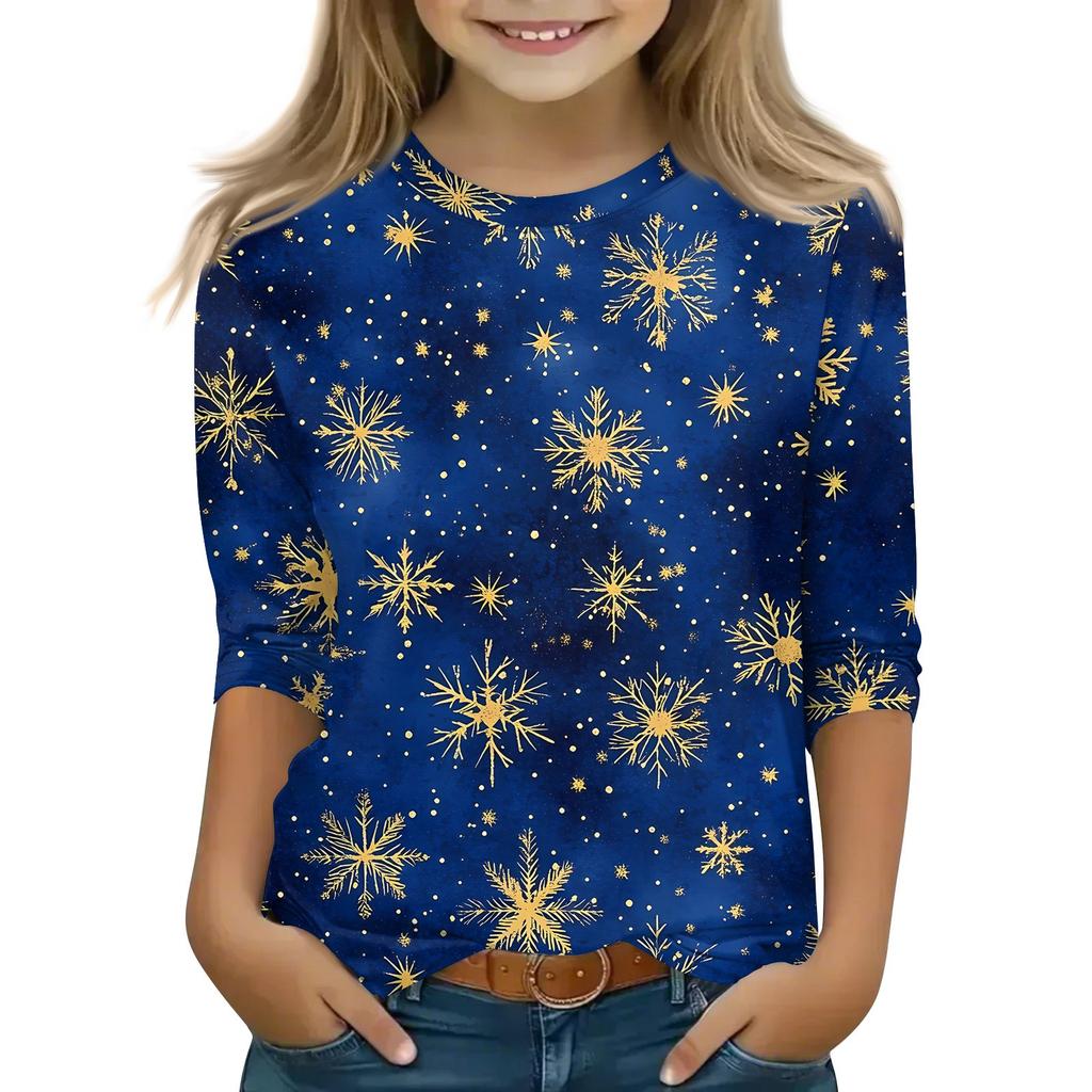 Children's 3/4 Sleeve Tops Casual Christmas Print T Shirt Round Neck Pullover Blouse