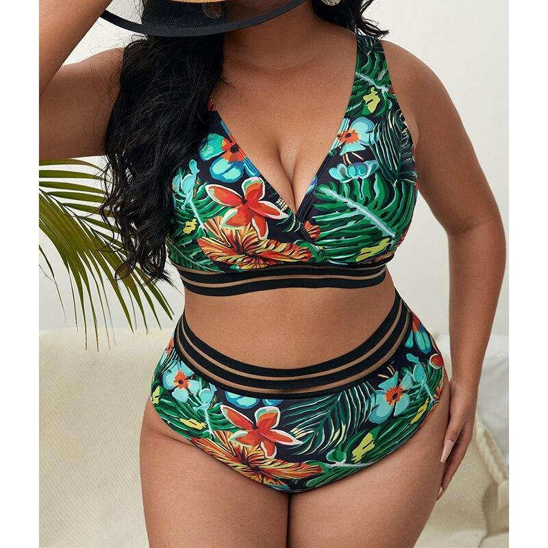 New 4XL Plus Size Swimsuits 2 Pieces Set Women High Waist Push Up Bikini Sets Flower Print Summer Large Bathing Suits