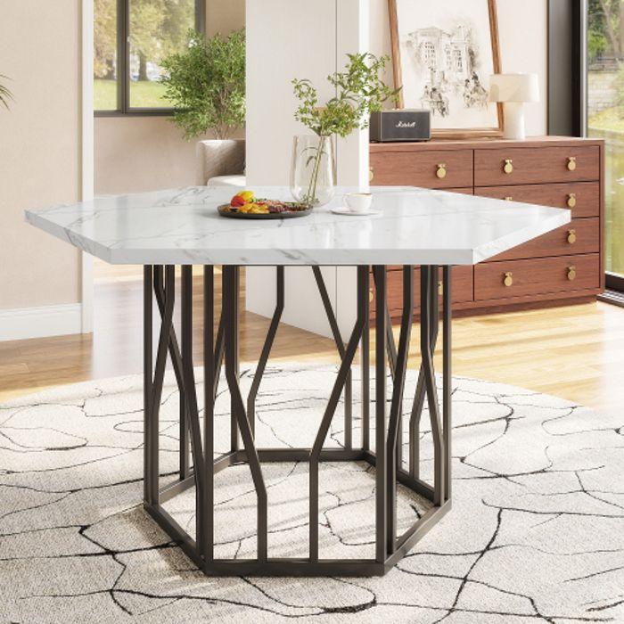 Table de salle à manger - Moderne - Hexagonale - Marbre - Métal noir - Design contemporain