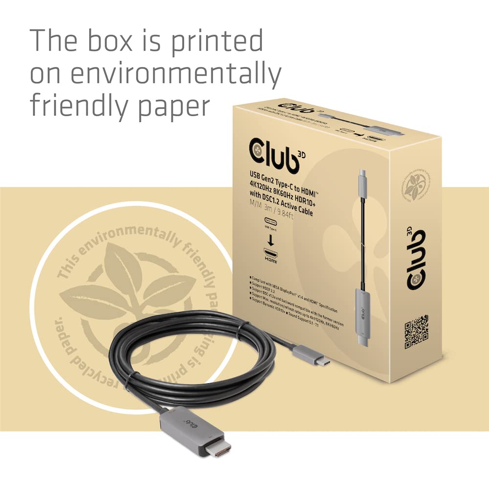 Активный кабель Club 3D USB Gen2 Type C на HDMI 2.1, Male/Male, 3 м, поддержка 4K120 Гц, 8K60 Гц, HDR10+, DSC 1.2 (САС-1587)