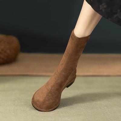 2025 новая осенне-зимняя замшевая тонкая обувь с круглым носком, средней высоты голенища, на низком каблуке, эластичные тонкие ботинки, с круглым носком, на плоской подошве, с рукавом, короткие ботинки женские