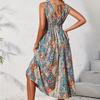 Women's Printed V-neck Sleeveless Dress with Spring Summer Women's Contrasting Color Sweeping Long Dresses