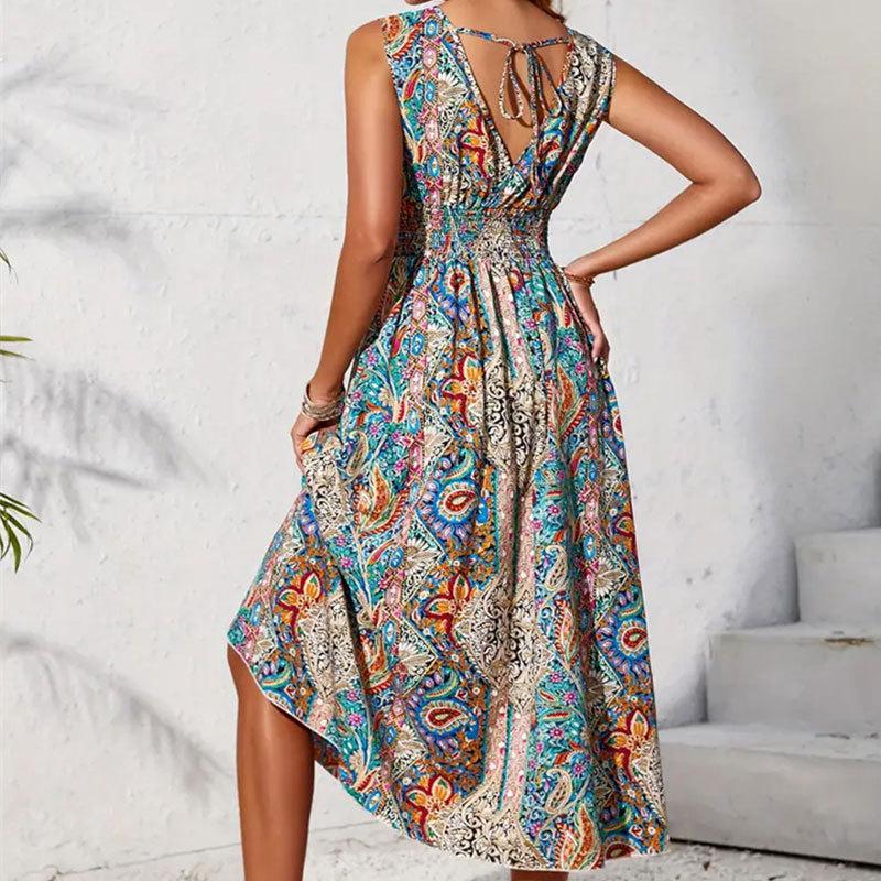 Women's Printed V-neck Sleeveless Dress with Spring Summer Women's Contrasting Color Sweeping Long Dresses