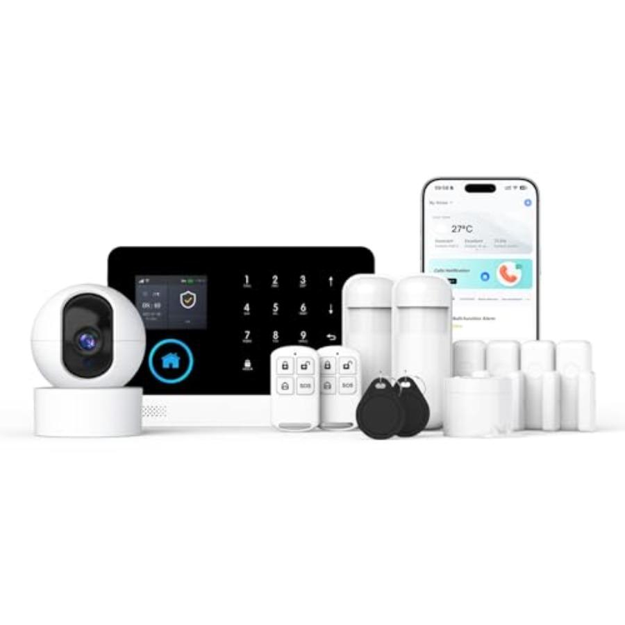 Система сигнализации для дома: Беспроводная HD-камера 4G GSM/WiFi, оповещения в приложении, датчики движения двери/окна, громкая сирена, без ежемесячной платы