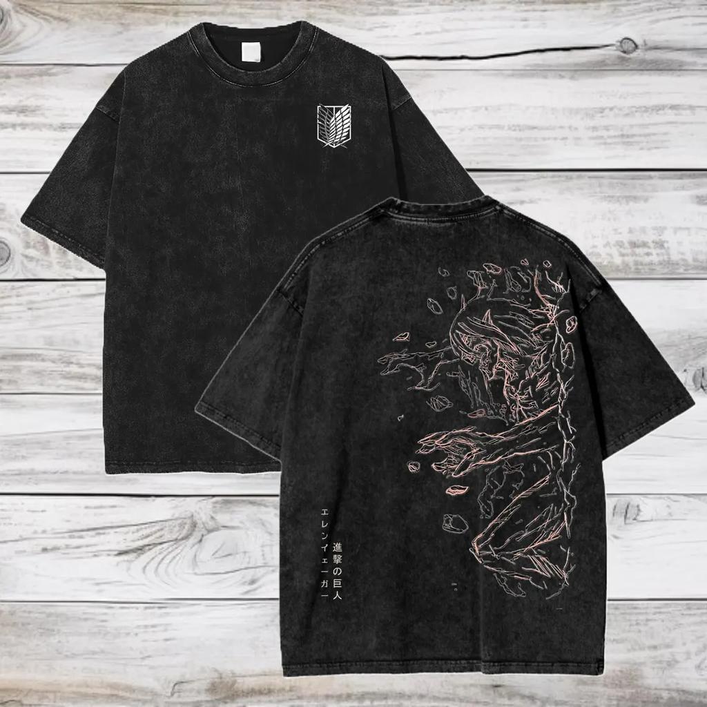 benber Anime Washed T Shirts Attack On Titan Graphic Short Sleeve Breathable DoubleSided Printing Vintage Streetwear Yk T Shirts Men