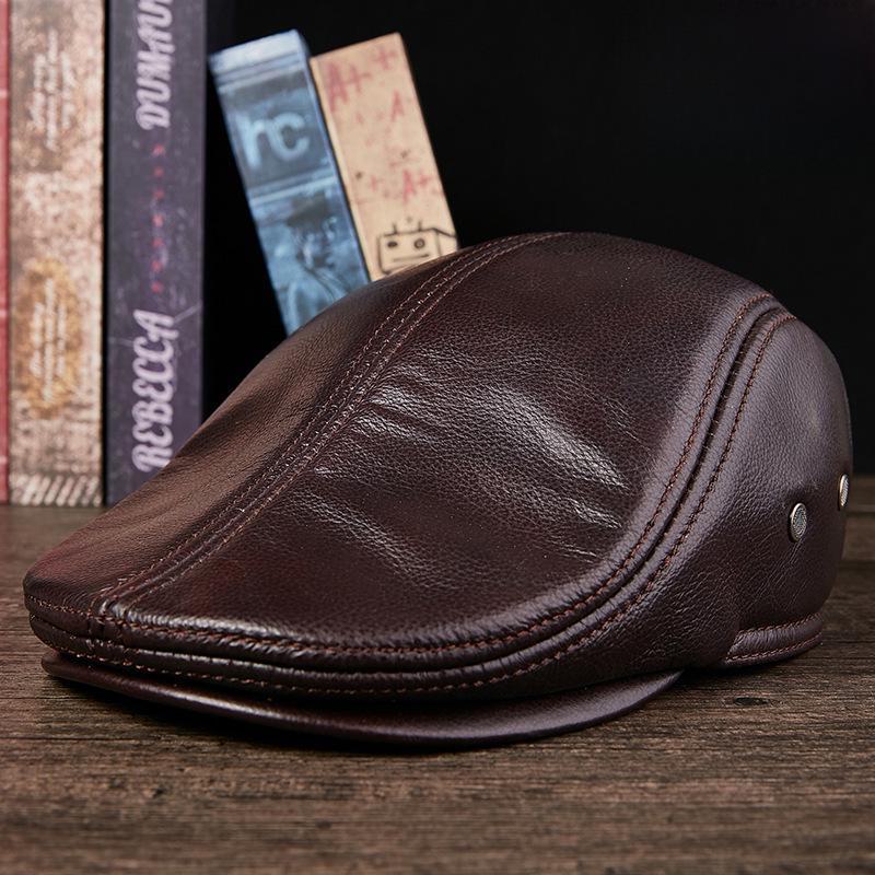 Men's Genuine Leather Duckbill Hat – Stylish, Warm, Thickened Cowhide Beret for Middle-Aged and Elderly (Autumn/Winter)