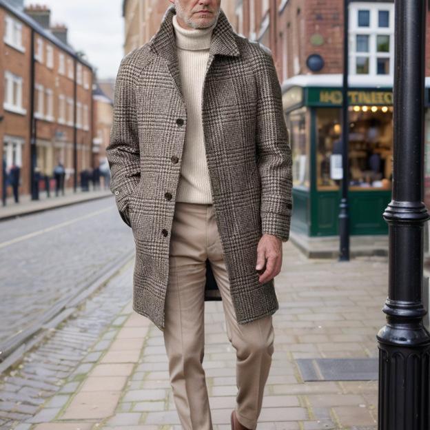 Winter New Men's Medium and Long Woolen Coat Plaid Thickened Padded Trench Coat Men