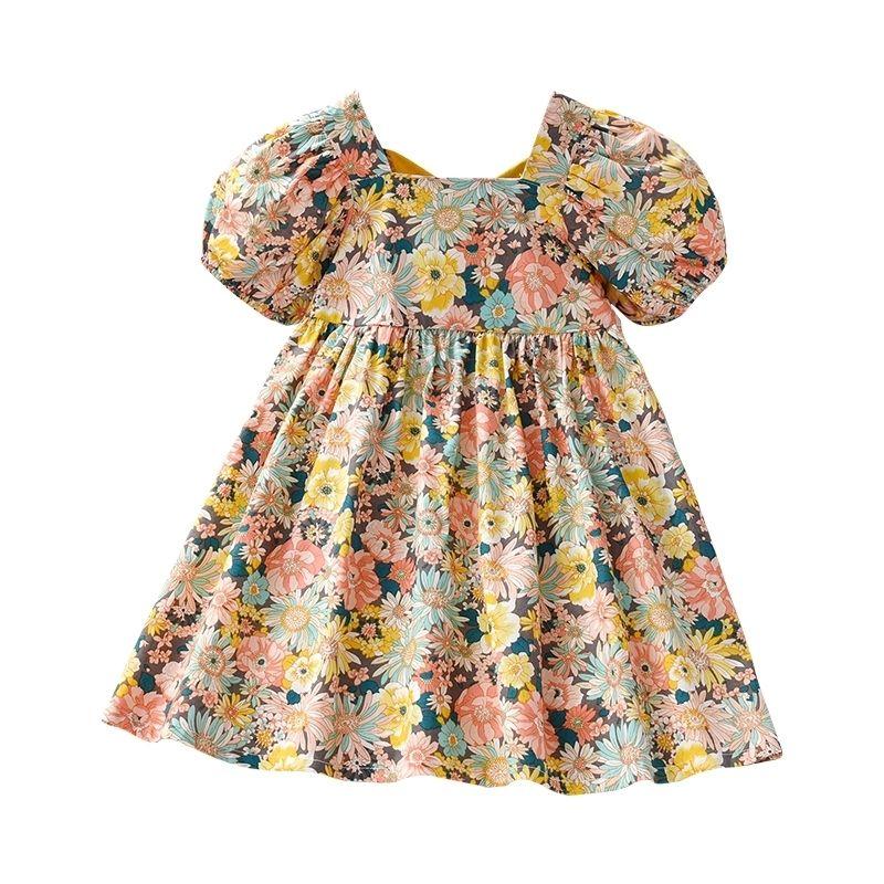 Платье с цветочным принтом для девочек, летнее, тонкое, детское, с открытой спиной и короткими рукавами, платье принцессы