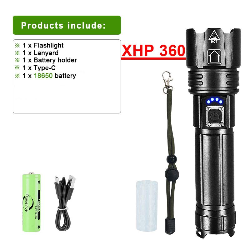 XHP360 Super High Power Flashlight Waterproof Outdoor Flashlight Long Range Zoom Torch Light
