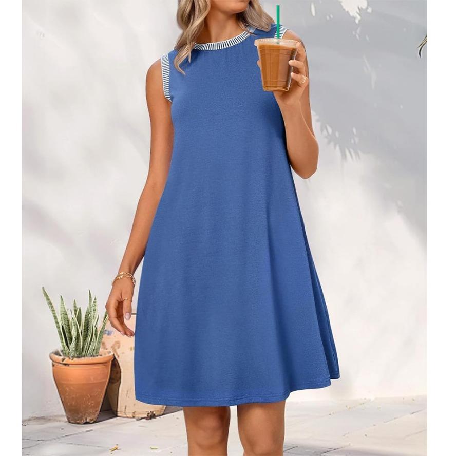 YYFS Женская мода лето весна однотонный принт без рукавов О-образный вырез свободная талия повседневные платья